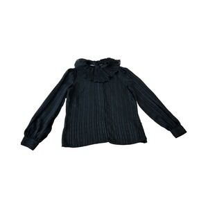 Breckenridge Black Blouse Size 8 Long Sleeve Ruffle Collar Striped Sheer Elegant